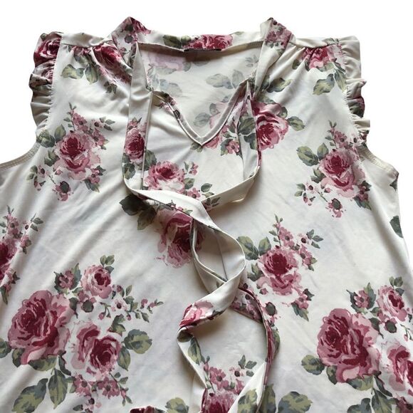 First Love sleeveless V neck blouse cream and pink floral Large - Picture 6 of 6